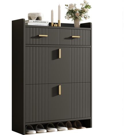 Meuble à chaussures à abattants avec 2 tiroirs et compartiment ouvert, meuble d'entrée fin à 2 niveaux, noir, 75 × 24 × 108,5 cm - CHICFURN (1/5)