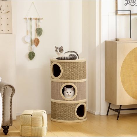 Torre rascadora para gatos 79 cm, Ø45 cm, 3 niveles, sisal, kaki y marrón OKMYHOME (1/5)