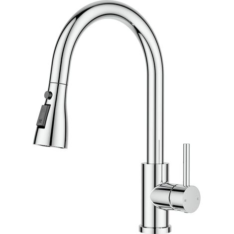 Robinet Cuisine, Mitigeur Cuisine, Pivotant à 360° d'Évier à Arc Élevé Pulvérisateur Escamotable 2 Modes, Acier Inoxydable (1/5)