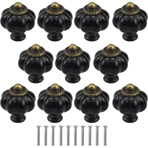 Svart 10 pièces poignée de tiroir pompe en céramique, bouton de porte d'armoire vintage, trou unique, pompe noire (1/5)