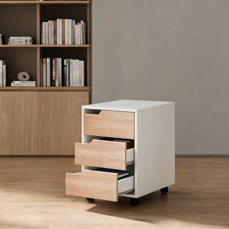 Caisson de bureau mobile blanc et chêne avec 3 tiroirs (1/5)