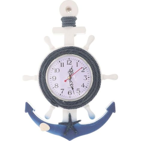 Nautiques Horloge Murale en Bois Ancre De Roue De Bateau Horloge Décorative Horloge Murale Plage Côtière Décor À La Maison de Style Méditerranéen Mur Ornement Accrochant (1/5)