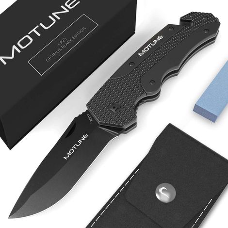 MOTUNE® Zweihand Klappmesser 3-in-1 KP23 - Taschenmesser mit Aluminiumgriff - Zweihandmesser mit hochwertiger Edelstahlklinge 7CR17 - mit Schleifstein & PU-Gürteltasche (1/5)