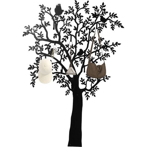 Portemanteau mural en métal noir motif arbre et oiseaux 120 x 175 cm (1/5)