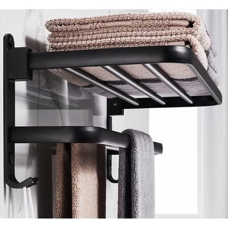 Bathroom Towel Rack, Foldable Storage Shelf, Aluminum, Wall-Mounted Bathroom Towel Holder (40cm, Black) (1/5)
