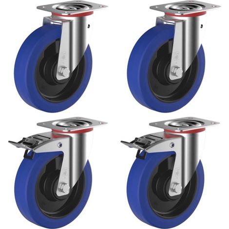 Lot de 4 roulettes pivotantes et pivotantes à frein caoutchouc EASYROLL® BLEU 100 mm charge - 540 Kg