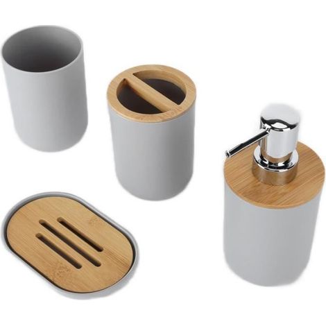 Ensemble d'accessoires de salle de bain - - 4 pièces - Bambou - Gris - Étanche (1/4)