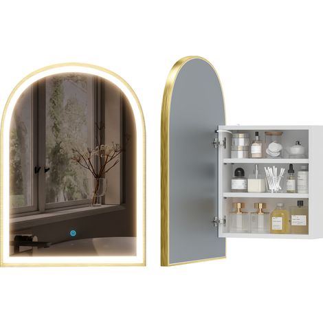Homcom – Armoire murale salle de bain avec miroir – Éclairage LED réglable – Miroir anti-buée – Verre trempé – 50x14,5x70cm – Cadre doré