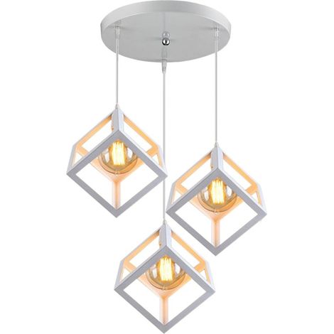 Lustre - Suspension 3 Douille Lampe Suspendue Design Cage Cube en Métal Blanc (1/4)