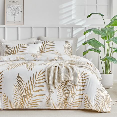 Parure de lit 155x220, ensemble de literie 2 pièces 155 x 220 cm, housse de couette blanche avec motif feuille de palmier tropical doré, microfibre avec fermeture éclair, 1 taie d'oreiller (1/5)