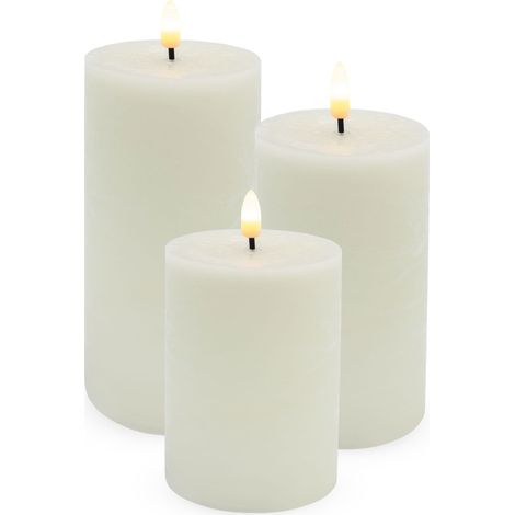 LED Echtwachskerze 3er Set mit Timer und Flacker Effekt - 10 / 12 / 15 cm - Künstliche Kerze warm weiß beleuchtet batteriebetrieben