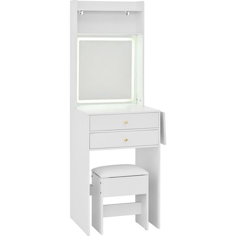 Toeletta compatta bianca con LED regolabile, 2 cassetti, 2 vani aperti e sgabello incluso (1/5)