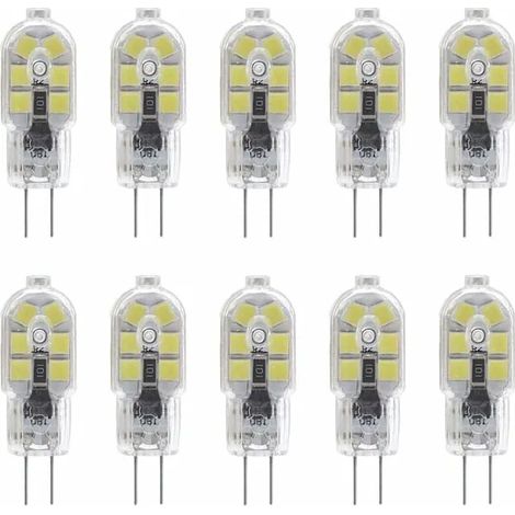 Lot de 10 ampoules LED G4 2W, 12V AC/DC, équivalent à 20W halogène, 200lm, culot bipolaire, PVC transparent, blanc froid 6000K (1/5)