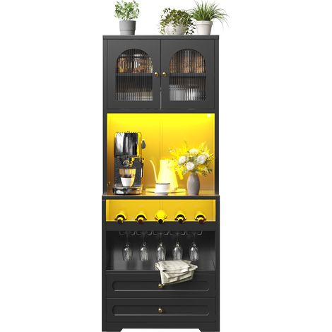 Armoire haute noire avec portes en verre courbées, éclairage LED App, porte-bouteilles, port USB, 70x40x180cm (1/5)