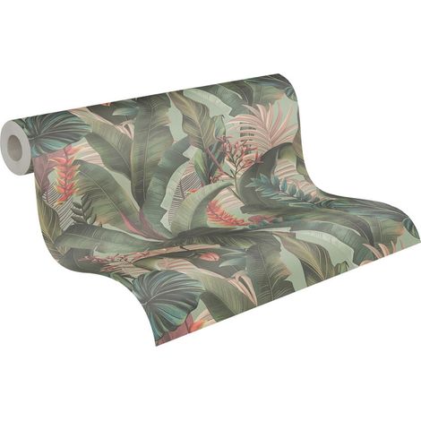 Papier peint nature fond vert clair Tapisserie feuillages plantes roses et rouges Papier peint floral style tropical idéal chambre et salon (1/5)