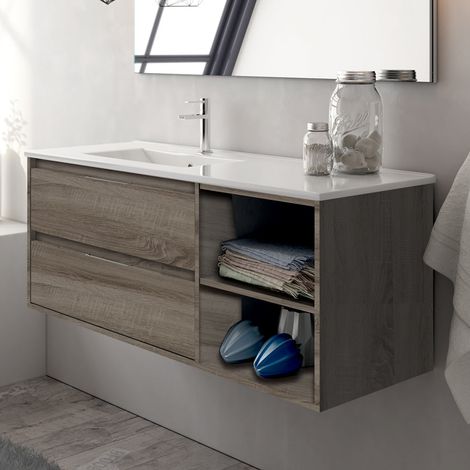 Meuble sous vasque seul, 2 tiroirs et 2 niches, 120cm, pour vasque déportée à gauche - britannia (chêne foncé) - OLYMPE
