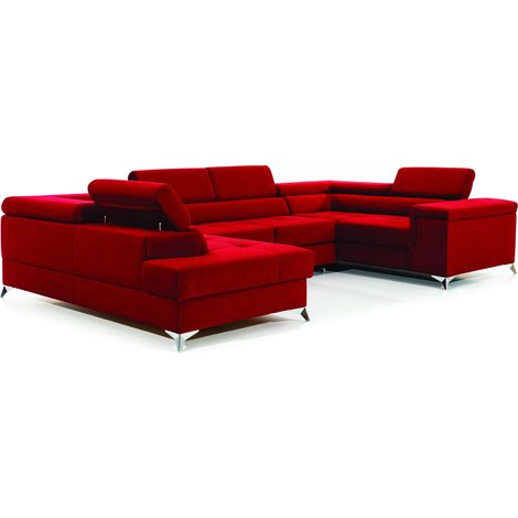 Canapé panoramique convertible TRIANO velours - têtières réglables-Rouge-Coffre à gauche (1/4)