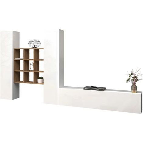 Parete Soggiorno Attrezzata 350 cm TV Colonne Libreria Bianco Rovere (1/4)