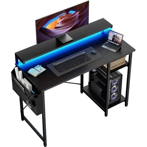 Computer Desk - EcoFurnix - 100 x 48 cm - Two-Level Model - LED Lighting - Height Adjustable - Black
