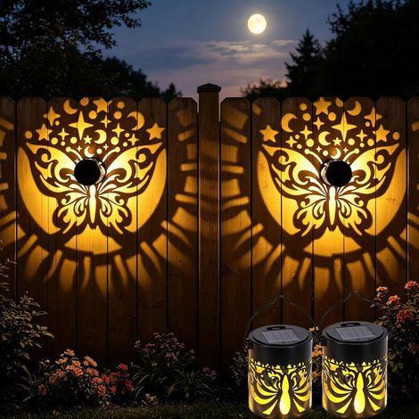 Lot de 2 lampes solaires murales – Projecteur décoratif, IP65 étanche – Métal, motif papillon – Idéal pour pelouse, jardin et clôture – Lumière chaude (1/5)