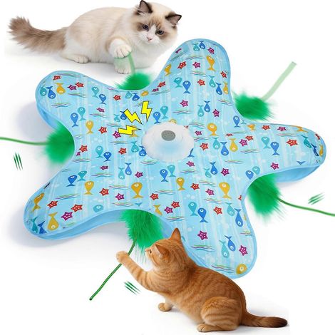 Interaktives Katzenspielzeug – Elektrischer Teaser mit Bewegungssensor, wiederaufladbare Versteckspielmatte mit Federn, automatisches Katzenspielzeug für Wohnungskatzen