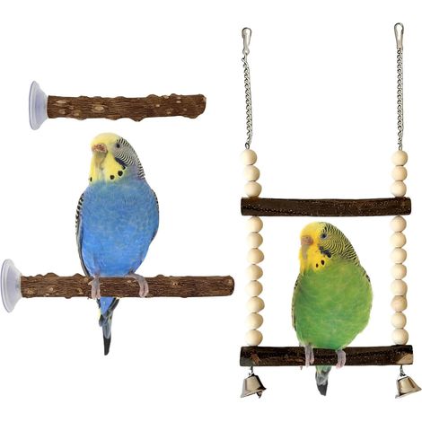 Set of 3 Natural Wooden Bird Perches Swing with Suction Cups Accessories for Cage, Parakeets, Canaries and Small Medium Birds (1/5)