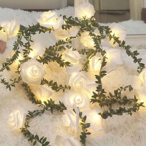 Rose guirlande lumineuse aux feuilles vertes,9,8ft 20LED blanc chaud fleurs de rotin lumières féériques,alimenté par pile lumières décoratives pour Anniversaire fête mariage vacances