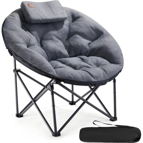 Luxus Moonchair Chaise de Camping XXL Pliable Ronde Charge maximale 150 kg Chaise Pliante épaisse avec Coussin Extra Large pour l'extérieur, Camping, Jardin, Balcon, intérieur Gris (1/5)