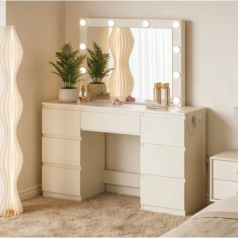 bureau coiffeuse 110 cm avec miroir LED blanc OKMYHOME (1/5)