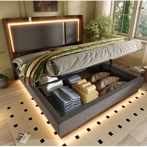 Lit coffre enfant adulte 140x190 cm rembourré avec LED, relevable hydraulique, style rétro, lin gris et bois (1/5)