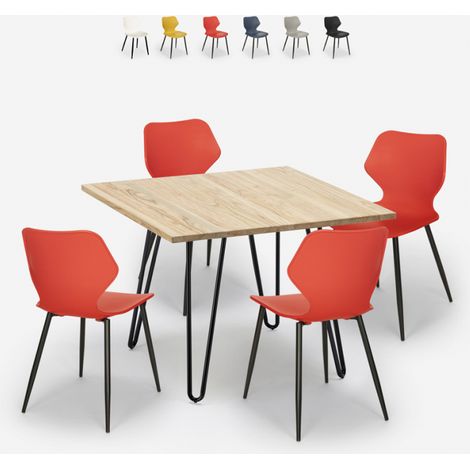 Set tavolo quadrato stile industriale 80x80cm 4 sedie design Sartis Light - Rosso