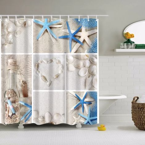 Rideau de douche à motif de plage, coquillages, étoiles de mer, conques, palmiers bleus, coucher de soleil, paysage naturel, décoration de salle de bain, 300 x 180 cm (118 x 70 pouces)