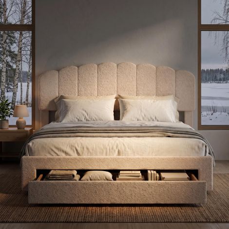 Lit avec tiroir 160x200 cm, lit double capitonné avec ports USB/Type-C, tête de lit coquillage, lit adulte avec sommier en velours, style scandinave
