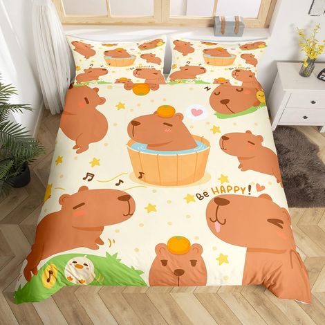 Parure De Lit Capybara Brun 140x200cm Housse De Couette Mignonne Et Intéressante avec Motif Floral Durable (1/5)