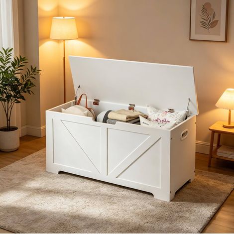 Banco zapatero de madera Blanco 100x40x47 cm con almacenaje (1/5)