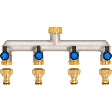 Distributeur d'eau 4 voies en laiton pour 4 appareils/tuyaux d'arrosage, 4 adaptateurs 3/4" 1/2" avec robinet à boisseau sphérique pour régler et fermer le débit d'eau (1/5)