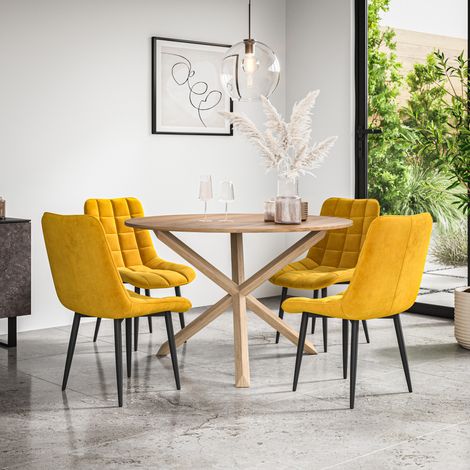 Malvern Round Dining Table And Chairs - Oak Table Top w Solid Oak Legs + Nova Velvet Dining Chair Set Of 4 (Mustard)