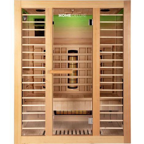 Home Deluxe – Cabine infrarouge REDSUN L DELUXE – 153 x 110 x 190 cm – 3 places – 6 émetteurs plein spectre – Bois de sapin Hemlock – Radio Bluetooth (1/5)