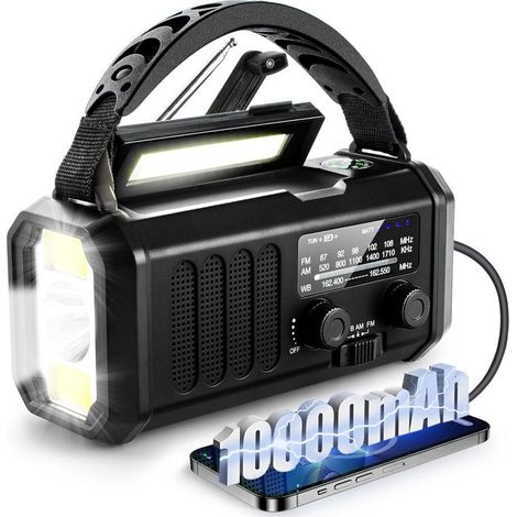 10.000-mAh-Notfallradio mit Taschenlampe, solarbetriebenes Kurbelradio, AM/FM-Wetterradio, SOS-Alarm, USB-C-Ladefunktion