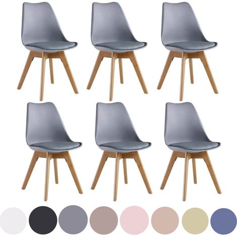 Juego de 6 sillas de comedor Lorenzo Retro: piel sintética acolchada, cuerpo de plástico y patas de madera maciza: gris (1/5)