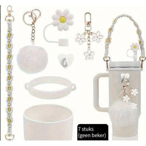 Set di accessori per tazze: cinturino per manico di borraccia, copritazza in silicone per Stanley, bianco.