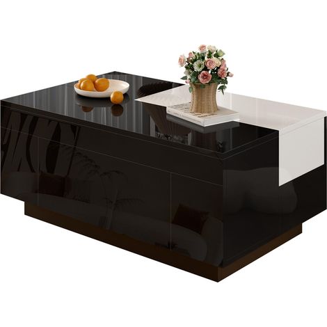 Table basse laquée brillante avec éclairage LED, plateau extensible noir et blanc, espace de rangement dissimulé et bande lumineuse réglable à 16 couleurs – le choix idéal pour un salon élégant.