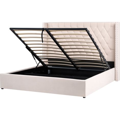 EU Super King Size Velvet Ottoman Bed 6ft with Storage High Headrest Off-White Lubbon