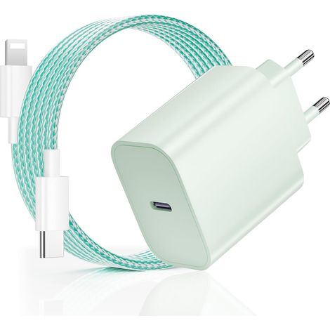 20W Chargeur pour iPhone 14 13, Chargeur Rapide pour iPhone, PD3.0 USB-C Prise Secteur avec 2m Câble Type C vers Lighting pour Phone 14 Pro/14 Pro Max/14 Plus/14/13/12/11/X/SE - Vert