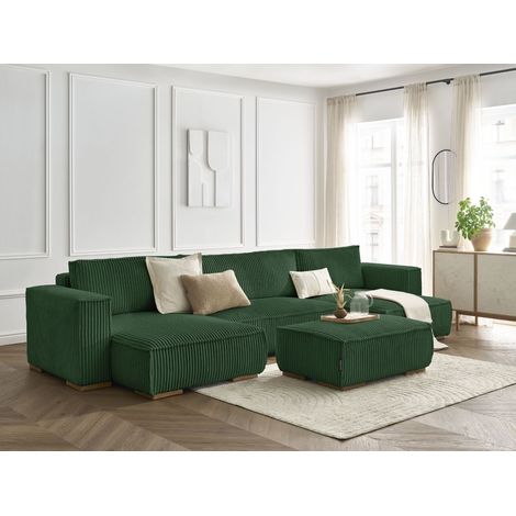 BOBOCHIC - Canapé panoramique convertible coffre CHELSEA gros côtelé doux avec pouf   Vert (1/5)