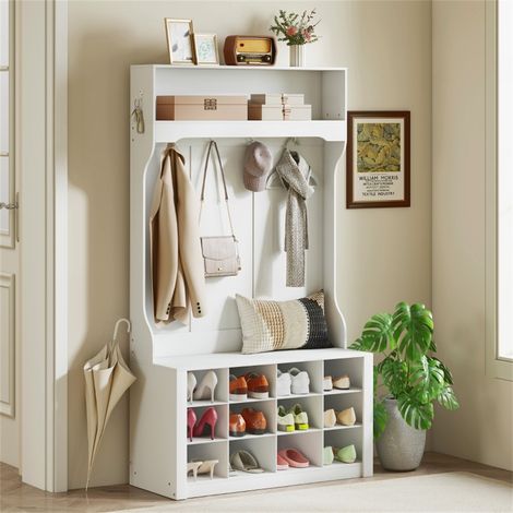 4-in-1-Garderobe 100 x 35 x 172 cm – Kleiderständer mit 6 Haken, Umkleidebank und 12 Schuhfächern – Weiß (1/5)