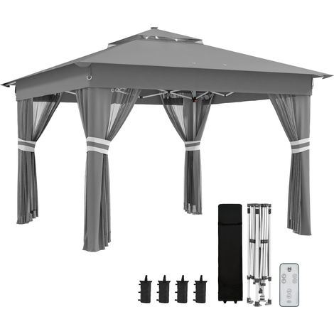Pavillon pliant d'environ 3 x 3 m, avec éclairage LED, 4 rideaux voilages, panneau latéral, sac à eau, double toit et sac de transport, gris foncé. (1/5)