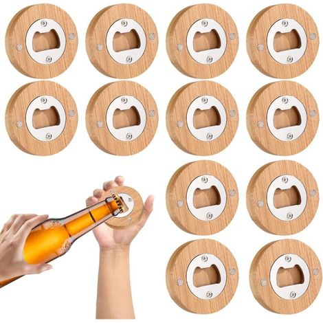 12 Pièces Ouvre-Bouteille, Décapsuleur en Bois, Décapsuleur Original, Decapsuleur Biere, Tire Bouchon Décapsuleur Rond en Bois, Décapsuleur en Acier Inoxydable Bambou, Décapsuleur Personnalisé (1/5)