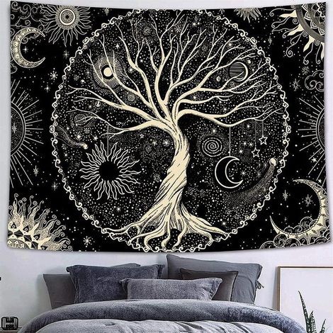 (150x130cm)Tapisserie Arbre de vie Tapisserie Arbre de vie Noir Blanc Tapisserie Lune Soleil Décoration murale Tapis psychédélique Tapisserie Gothique (1/4)
