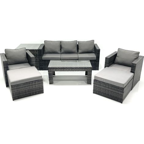 Fimous 7-Sitzer Polyrattan Gartensofa Set Couchtisch 2 Sessel 2 hohen Hockern Beistelltisch Dunkelgrau Gemischt (1/5)